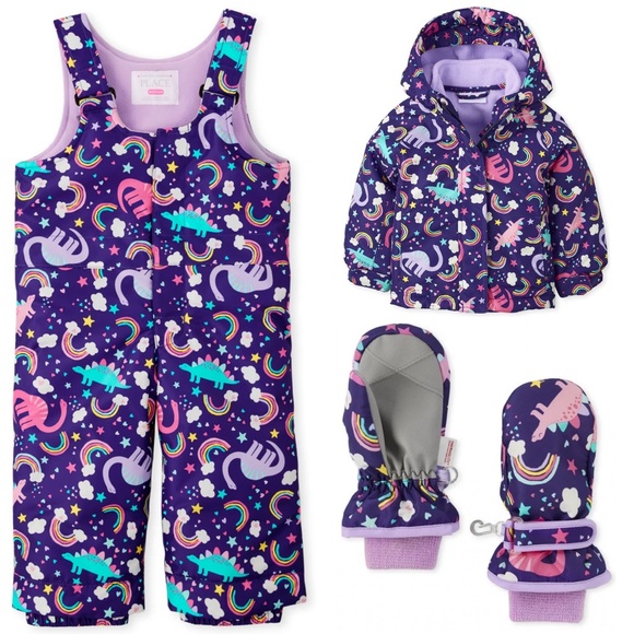 LIKE NEW ❄️🦕🌈 Winter Coat Snow Pants & Mittens in Solar Storm Print 12-18 mo